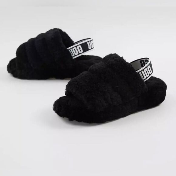 Ugg Plush Fluff Yeah Slide Sandal Slippers Black sheepskin slippers Size 10. New - Picture 5 of 17